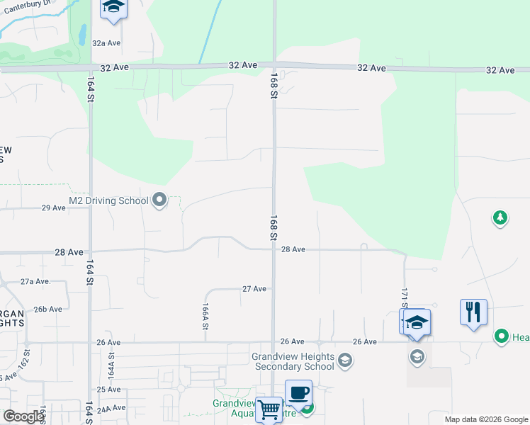 map of restaurants, bars, coffee shops, grocery stores, and more near 2875 168 Street in Surrey