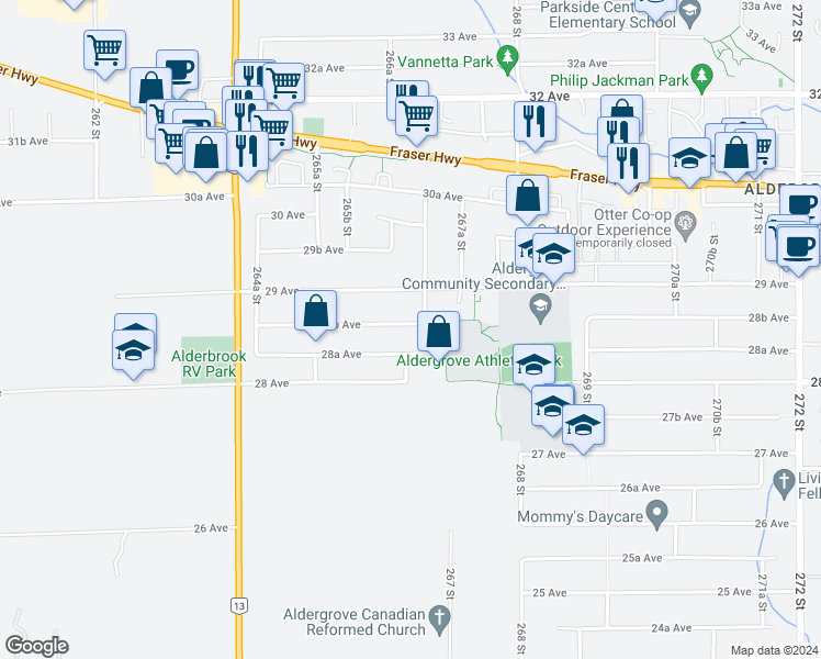 map of restaurants, bars, coffee shops, grocery stores, and more near 26640 28B Avenue in Langley