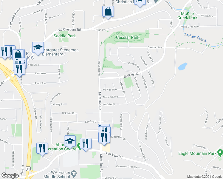 map of restaurants, bars, coffee shops, grocery stores, and more near 34855 McNab Avenue in Abbotsford
