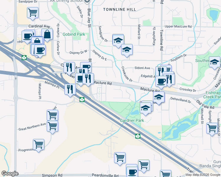 map of restaurants, bars, coffee shops, grocery stores, and more near 2894 Gardner Court in Abbotsford