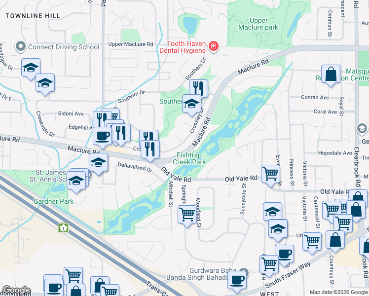 map of restaurants, bars, coffee shops, grocery stores, and more near 2904 Crossley Drive in Abbotsford