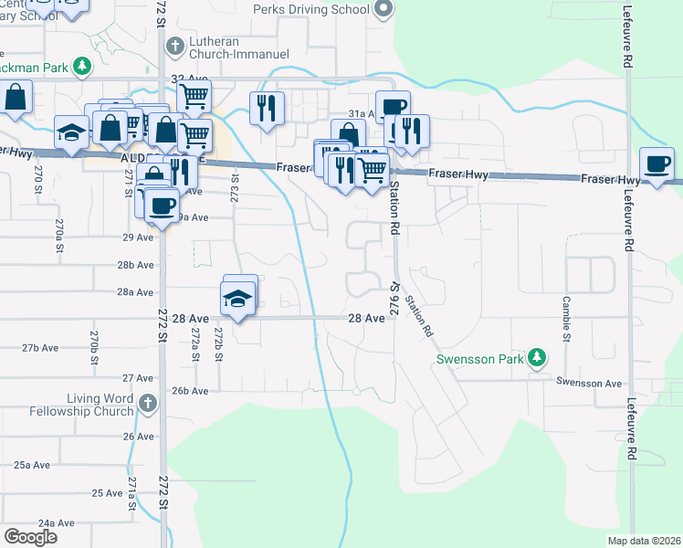map of restaurants, bars, coffee shops, grocery stores, and more near 250 Davis Crescent in Langley Township