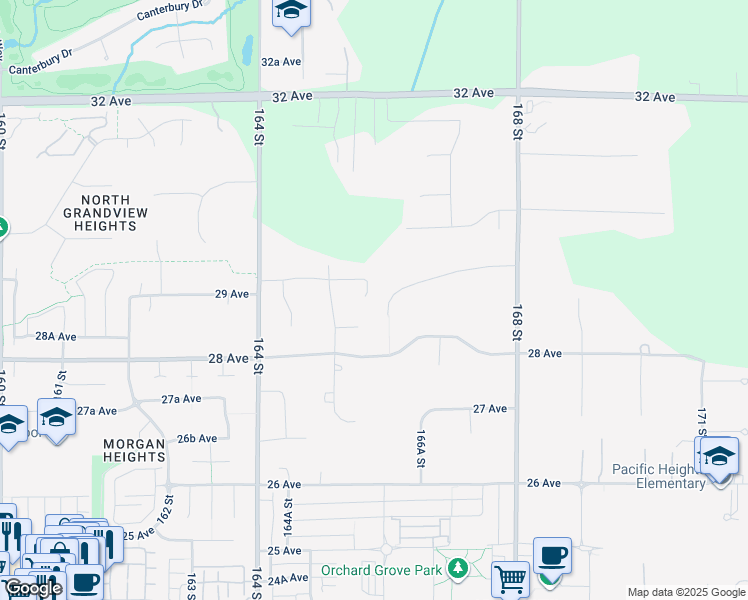 map of restaurants, bars, coffee shops, grocery stores, and more near 2886 165B Street in Surrey