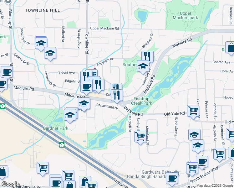 map of restaurants, bars, coffee shops, grocery stores, and more near 2893 Crossley Drive in Abbotsford