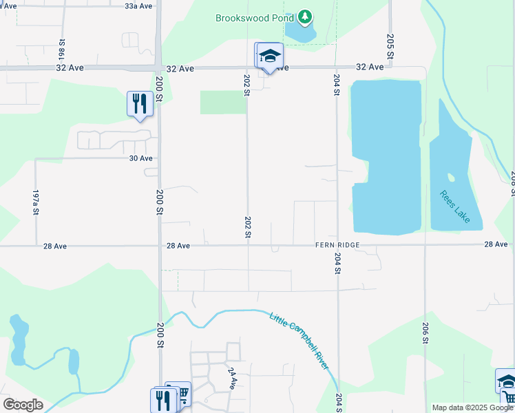 map of restaurants, bars, coffee shops, grocery stores, and more near 2890 202 Street in Langley City