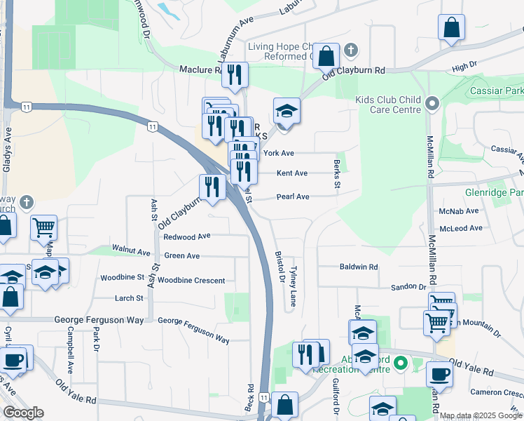 map of restaurants, bars, coffee shops, grocery stores, and more near 3411 Stoneleigh Avenue in Abbotsford