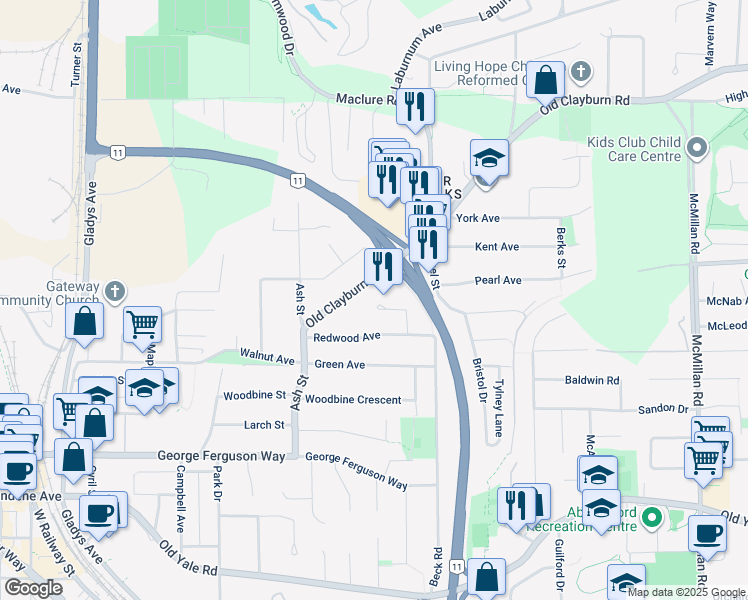 map of restaurants, bars, coffee shops, grocery stores, and more near 2897 Camellia Court in Abbotsford