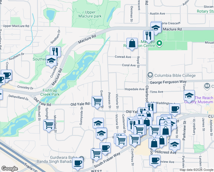 map of restaurants, bars, coffee shops, grocery stores, and more near 2883 Princess Street in Abbotsford