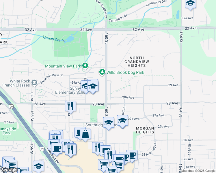 map of restaurants, bars, coffee shops, grocery stores, and more near 2892 160 Street in Surrey