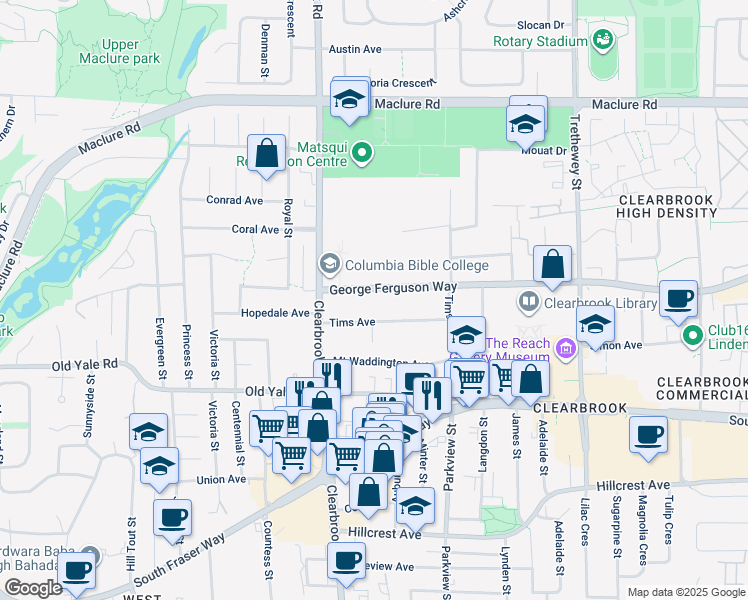 map of restaurants, bars, coffee shops, grocery stores, and more near 32076 George Ferguson Way in Abbotsford