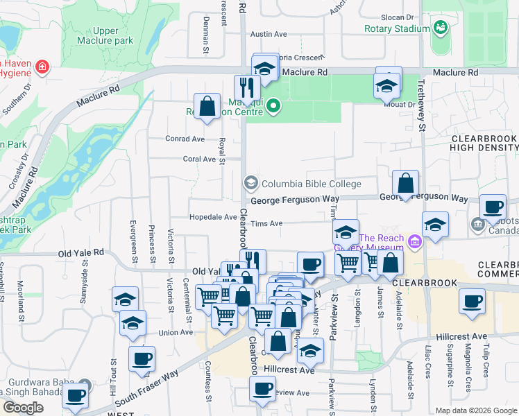map of restaurants, bars, coffee shops, grocery stores, and more near 32030 George Ferguson Way in Abbotsford