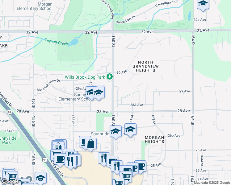 map of restaurants, bars, coffee shops, grocery stores, and more near 2892 160 Street in Surrey
