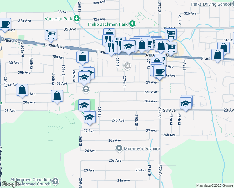 map of restaurants, bars, coffee shops, grocery stores, and more near 26978 28B Avenue in Langley Township
