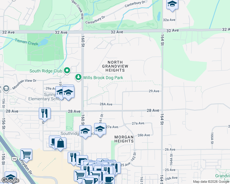 map of restaurants, bars, coffee shops, grocery stores, and more near 161B Street in Surrey