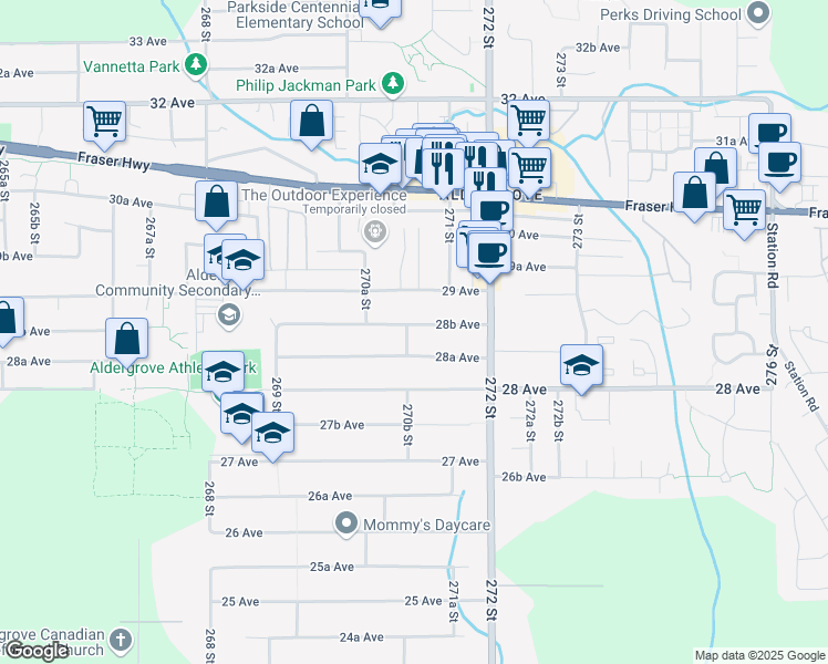 map of restaurants, bars, coffee shops, grocery stores, and more near 2876 270B Street in Langley Township