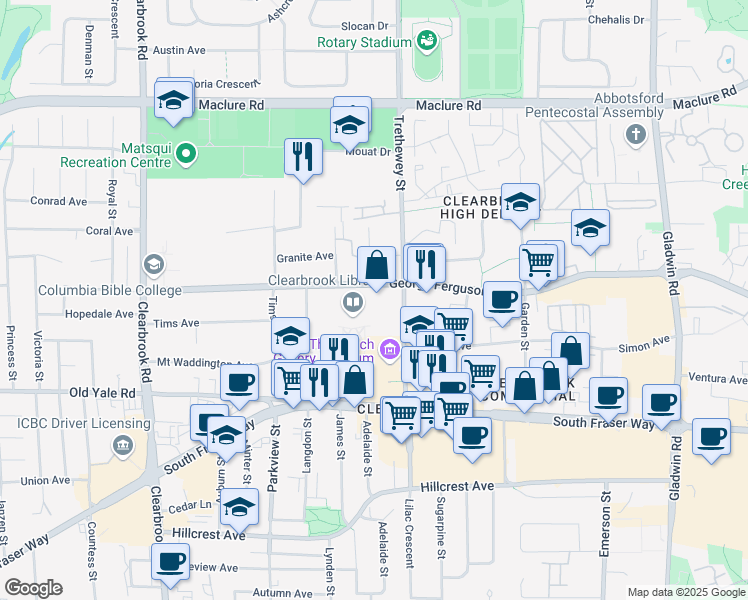 map of restaurants, bars, coffee shops, grocery stores, and more near 3112 Gladys Avenue in Abbotsford