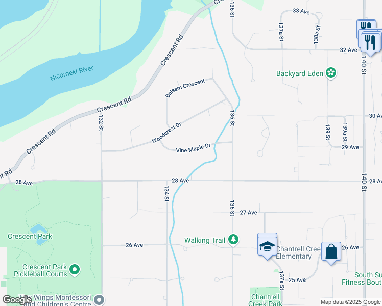 map of restaurants, bars, coffee shops, grocery stores, and more near 13464 Vine Maple Drive in Surrey