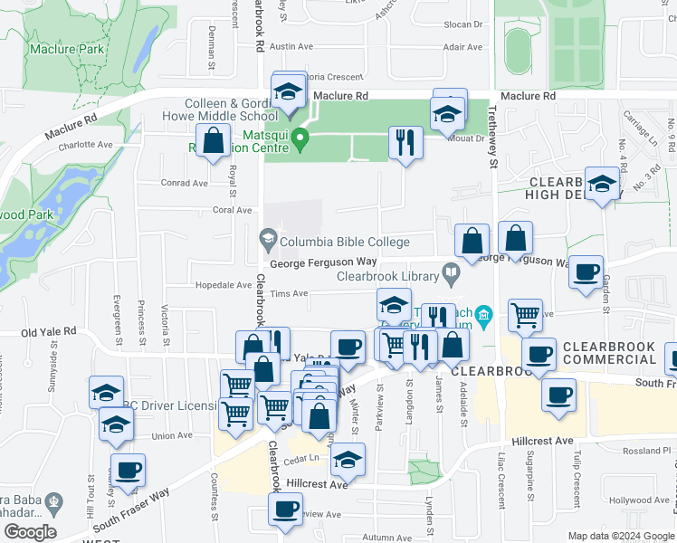 map of restaurants, bars, coffee shops, grocery stores, and more near 32118 George Ferguson Way in Abbotsford