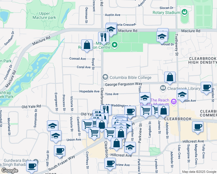 map of restaurants, bars, coffee shops, grocery stores, and more near 32030 George Ferguson Way in Abbotsford