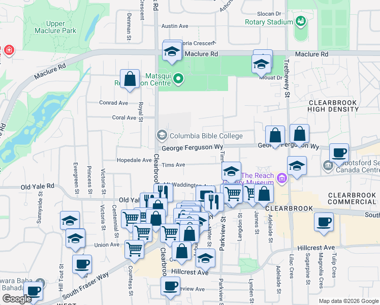 map of restaurants, bars, coffee shops, grocery stores, and more near 32098 George Ferguson Way in Abbotsford