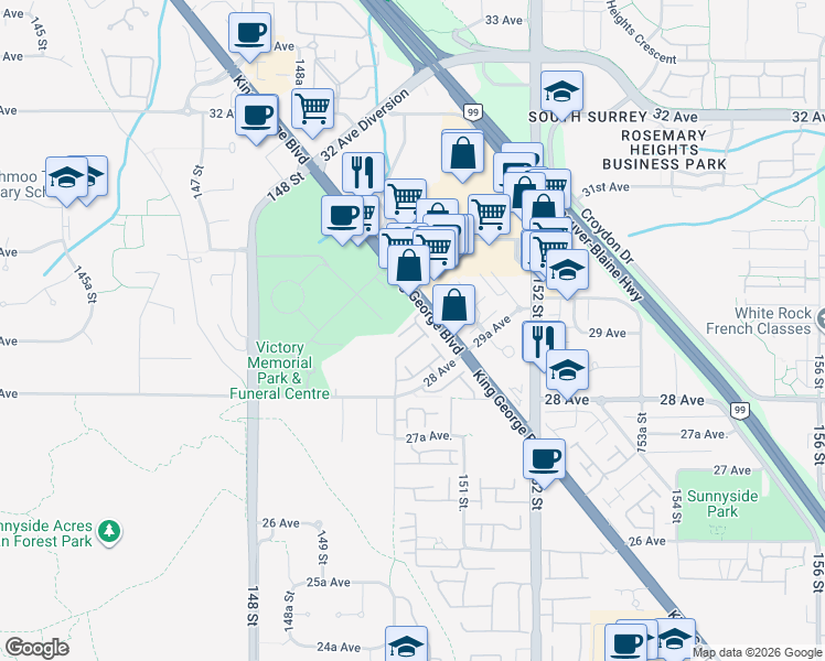 map of restaurants, bars, coffee shops, grocery stores, and more near 2925 King George Boulevard in Surrey
