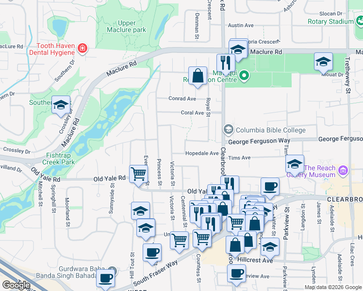 map of restaurants, bars, coffee shops, grocery stores, and more near 2889 Royal Street in Abbotsford