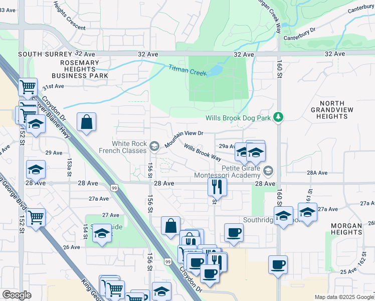 map of restaurants, bars, coffee shops, grocery stores, and more near 15728 Wills Brook Way in Surrey