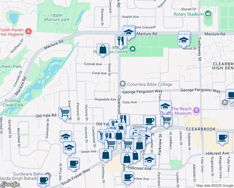 map of restaurants, bars, coffee shops, grocery stores, and more near 31975 Hopedale Avenue in Abbotsford