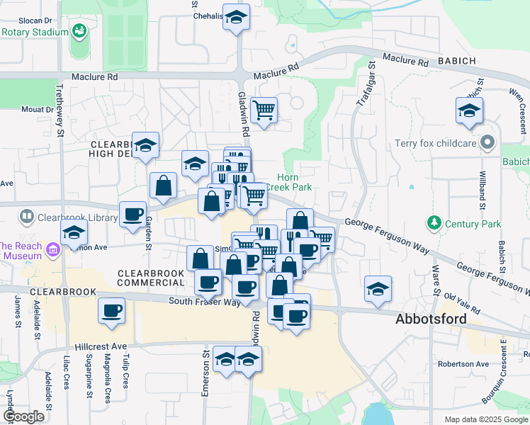 map of restaurants, bars, coffee shops, grocery stores, and more near 32850 George Ferguson Way in Abbotsford