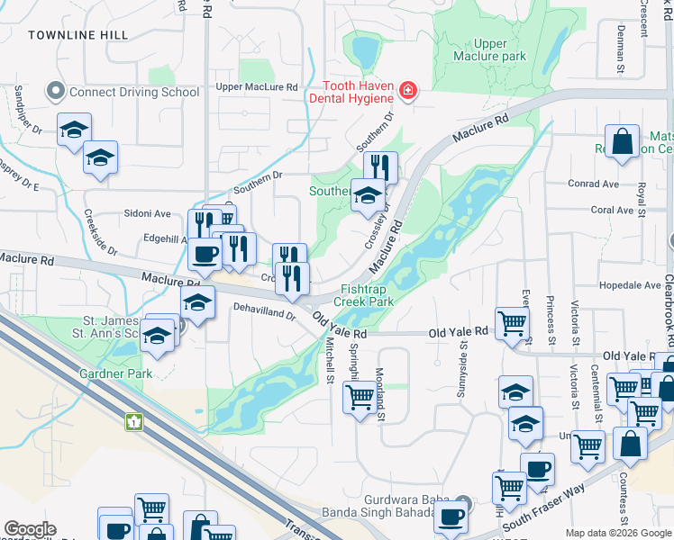 map of restaurants, bars, coffee shops, grocery stores, and more near 2907 Crossley Drive in Abbotsford