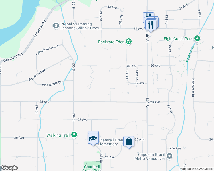 map of restaurants, bars, coffee shops, grocery stores, and more near 2891 138 Street in Surrey