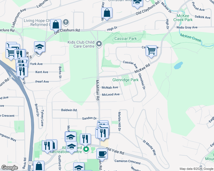 map of restaurants, bars, coffee shops, grocery stores, and more near 34845 McNab Avenue in Abbotsford