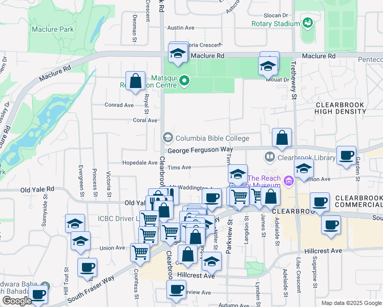 map of restaurants, bars, coffee shops, grocery stores, and more near 32076 George Ferguson Way in Abbotsford