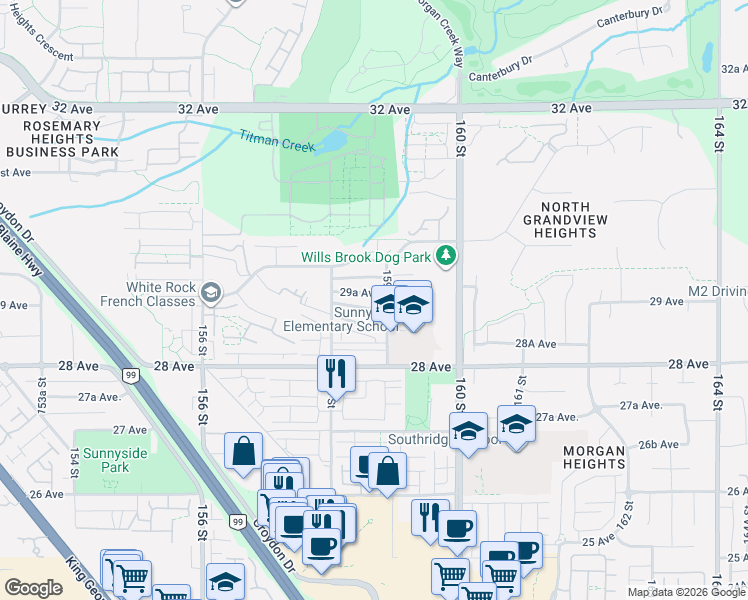 map of restaurants, bars, coffee shops, grocery stores, and more near 15896 29A Avenue in Surrey