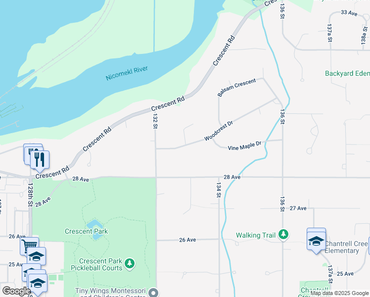 map of restaurants, bars, coffee shops, grocery stores, and more near 13288 Woodcrest Drive in Surrey