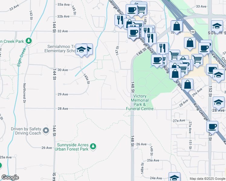 map of restaurants, bars, coffee shops, grocery stores, and more near 2866 146 Street in Surrey