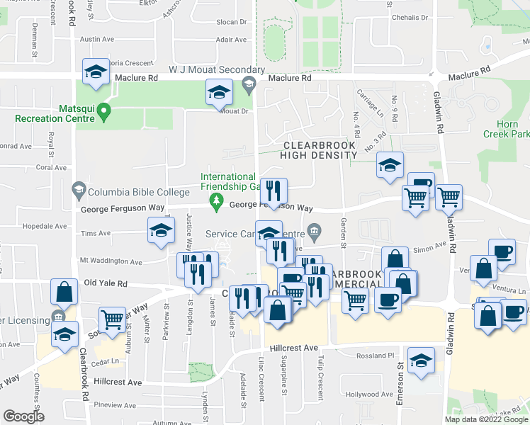 map of restaurants, bars, coffee shops, grocery stores, and more near 2880 Trethewey Street in Abbotsford