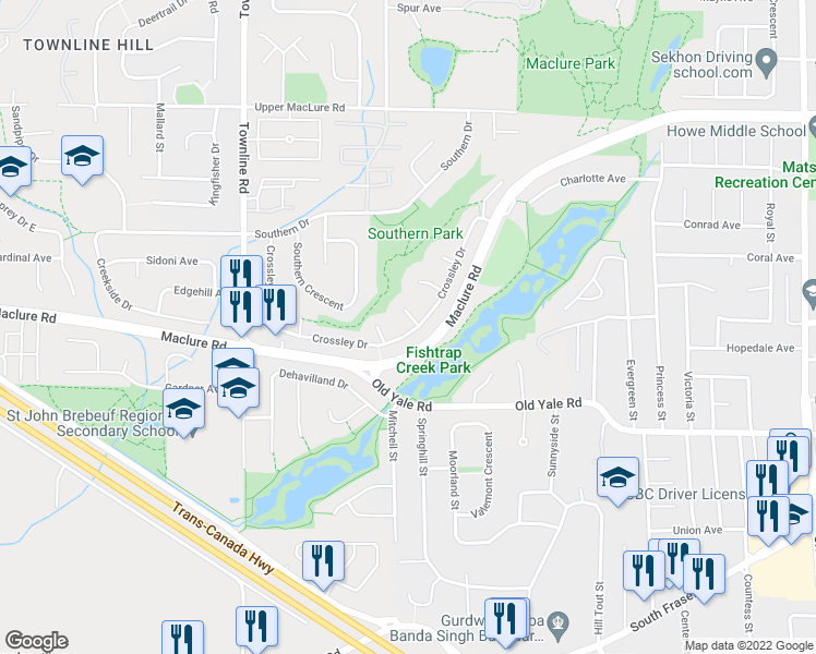 map of restaurants, bars, coffee shops, grocery stores, and more near 2909 Crossley Drive in Abbotsford