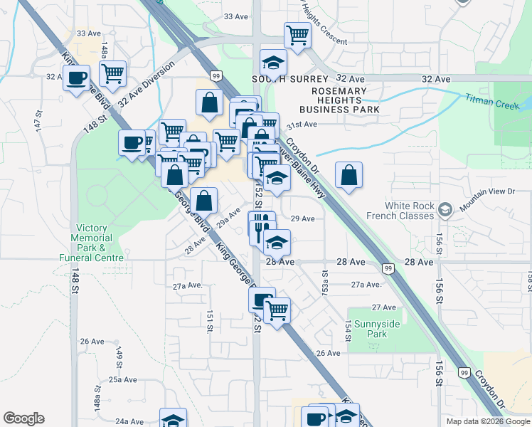 map of restaurants, bars, coffee shops, grocery stores, and more near in Surrey