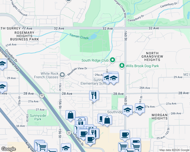 map of restaurants, bars, coffee shops, grocery stores, and more near 15816 29A Avenue in Surrey