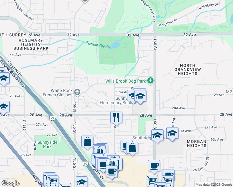 map of restaurants, bars, coffee shops, grocery stores, and more near 15808 29A Avenue in Surrey
