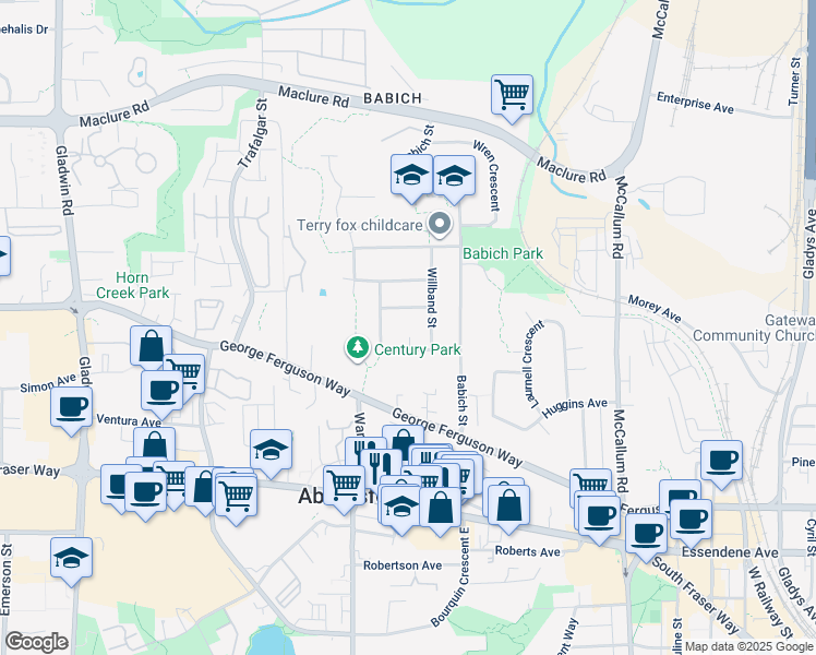map of restaurants, bars, coffee shops, grocery stores, and more near 33295 Century Court in Abbotsford