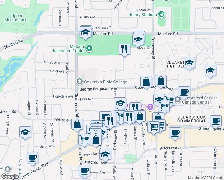 map of restaurants, bars, coffee shops, grocery stores, and more near 32174 George Ferguson Way in Abbotsford