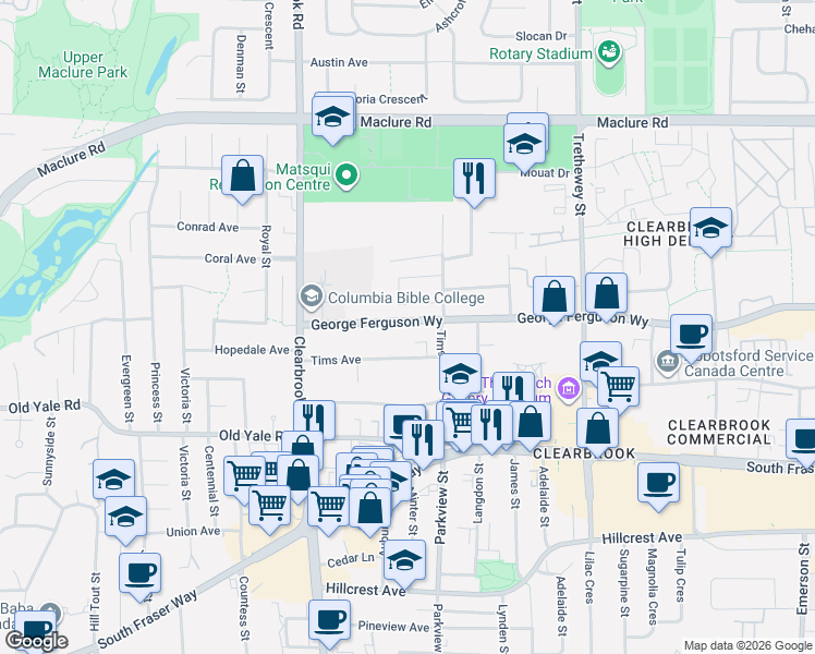 map of restaurants, bars, coffee shops, grocery stores, and more near 32138 George Ferguson Way in Abbotsford