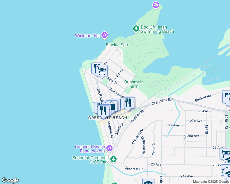 map of restaurants, bars, coffee shops, grocery stores, and more near Sullivan Street in Surrey