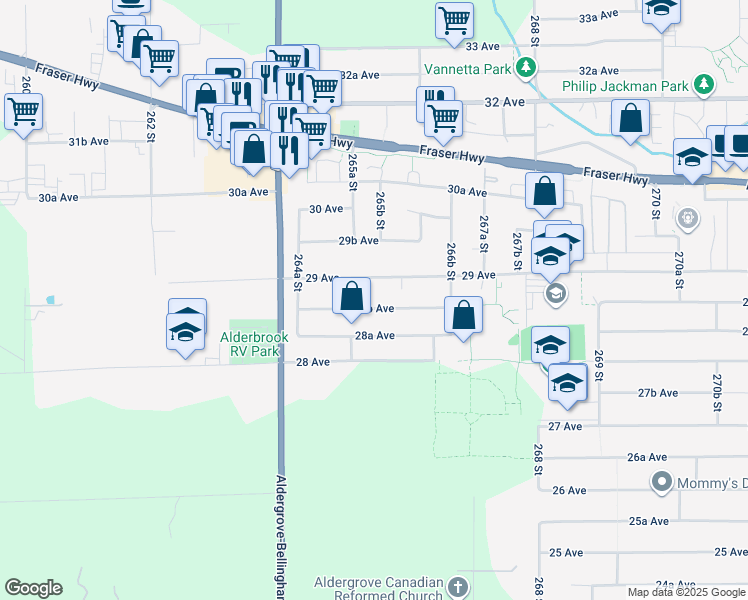 map of restaurants, bars, coffee shops, grocery stores, and more near 26537 28B Avenue in Langley Township