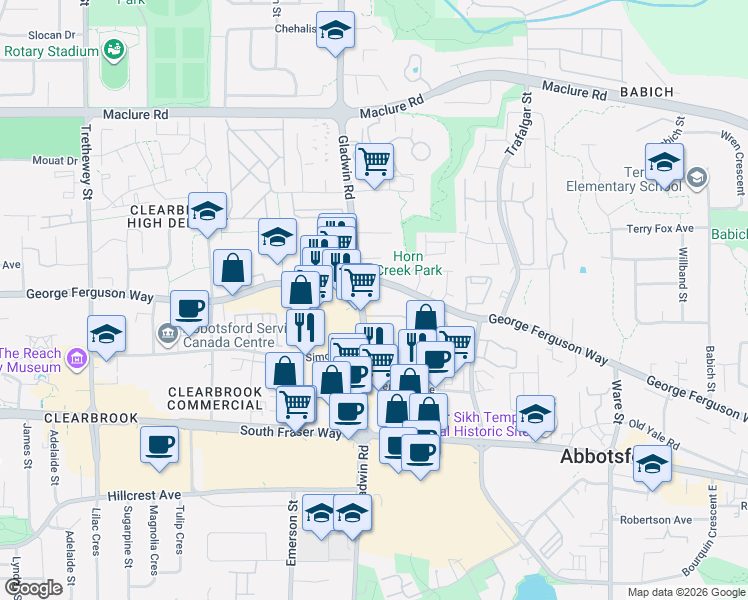 map of restaurants, bars, coffee shops, grocery stores, and more near 32850 George Ferguson Way in Abbotsford