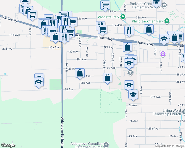 map of restaurants, bars, coffee shops, grocery stores, and more near 26583 28B Avenue in Langley Township