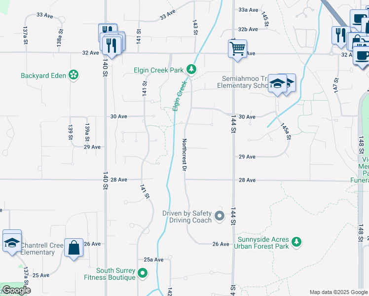 map of restaurants, bars, coffee shops, grocery stores, and more near Northcrest Drive in Surrey