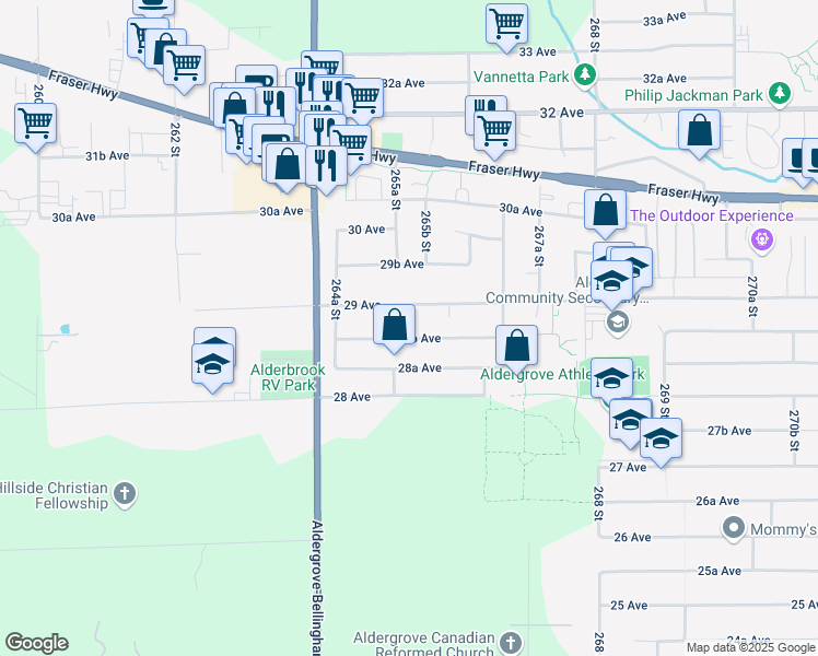map of restaurants, bars, coffee shops, grocery stores, and more near 26523 28B Avenue in Langley Township